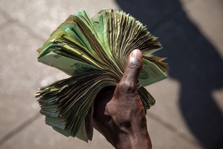 Een man houdt Zimbabwaanse dollarbriefjes in zijn hand, op 5 augustus 2018 in Harare. Beeld Getty Images