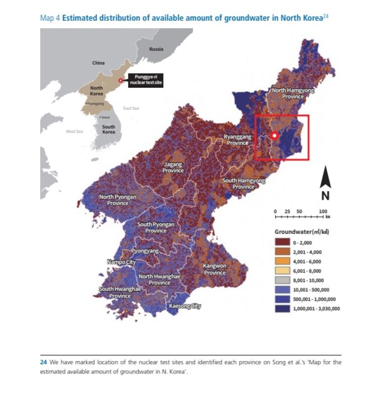 Een afbeelding uit het rapport, die de verdeling van grondwater in Noord-Korea toont. Beeld TJWG