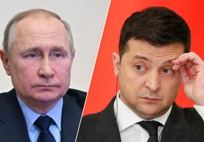 Fotomontage: Russisch president Vladimir Poetin en Oekraïens president Volodymyr Zelensky.