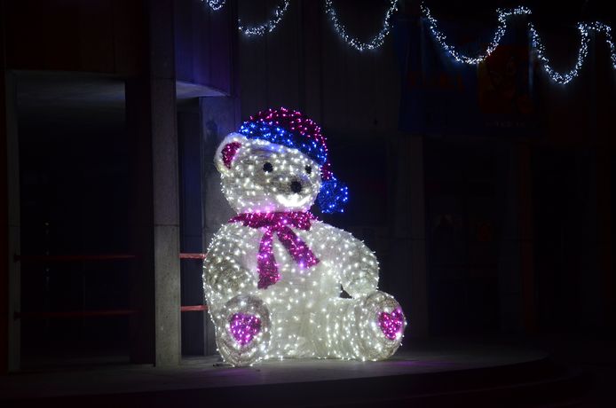 De nieuwe kerstverlichting van de gemeente Denderleeuw aan het gemeentehuis.