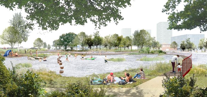 Een beeld van de 'Waterspeeltuinen' in het toekomstige Ringpark Lobroekdok.