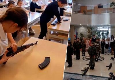 Beelden tonen wapenlessen op Russische scholen: “Wie heeft de Kalasjnikov het snelst in elkaar gezet?”