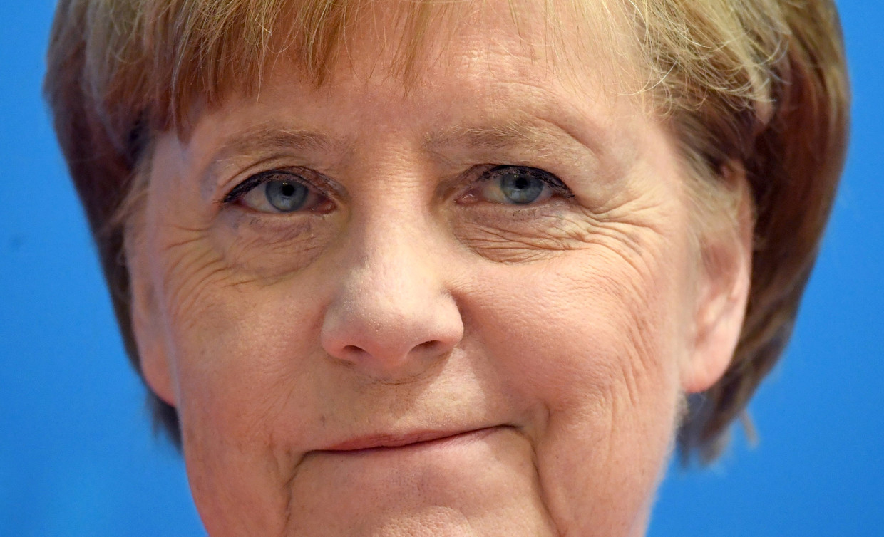 Bondskanselier Angela Merkel tijdens de persconferentie op 18 juni 2018. Beeld EPA