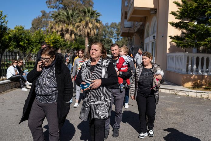 Ferry passengers at a hotel in Corfu.