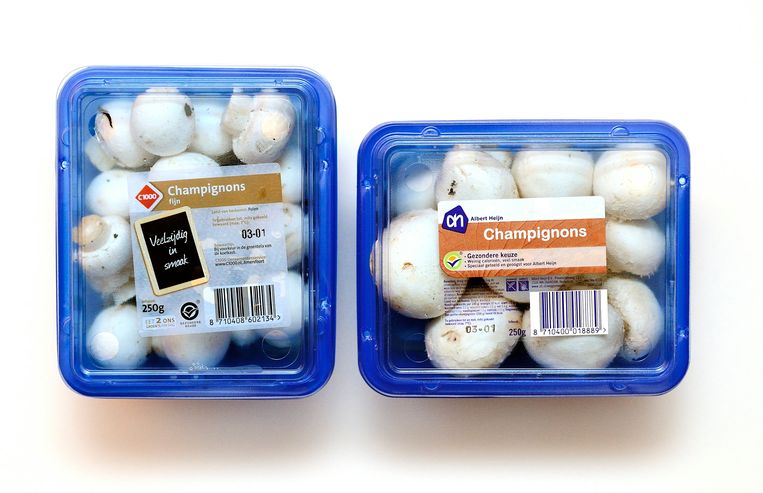 Deze klassieke champignonverpakking stamt uit de jaren zeventig en wordt binnenkort vervangen voor een milieuvriendelijker variant.  Beeld ANP, Lex van Lieshout