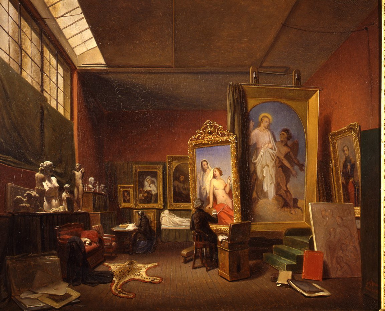 Ary Johannes Lamme, 1850 - Ary Scheffer aan het werk in het grote atelier bij zijn woonhuis aan de Rue Chaptal 16 Beeld Dordrechts museum