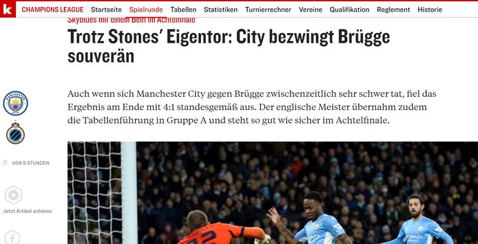 "Ondanks owngoal van Stones: City haalt het makkelijk van Club Brugge."