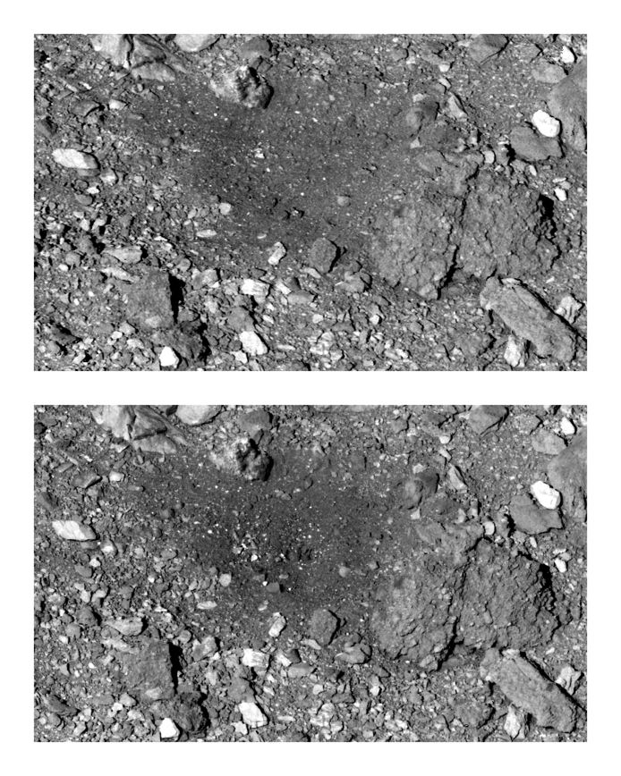 Deze combinatie van beelden van maart 2019 en april 2021 toont het verschil op het oppervlak van Bennu waar OSIRIS-REx in 2020 een beetje stof en stenen meegriste. Voor en na dus.