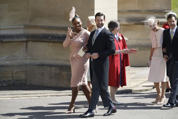Serena Williams en haar echtgenoot Alexis Ohanian op het huwelijk van prins Harry en Meghan Markle.