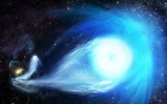 Een artistieke impressie van het wegschieten van ster S5-HVS1 uit het centrum van onze Melkweg.