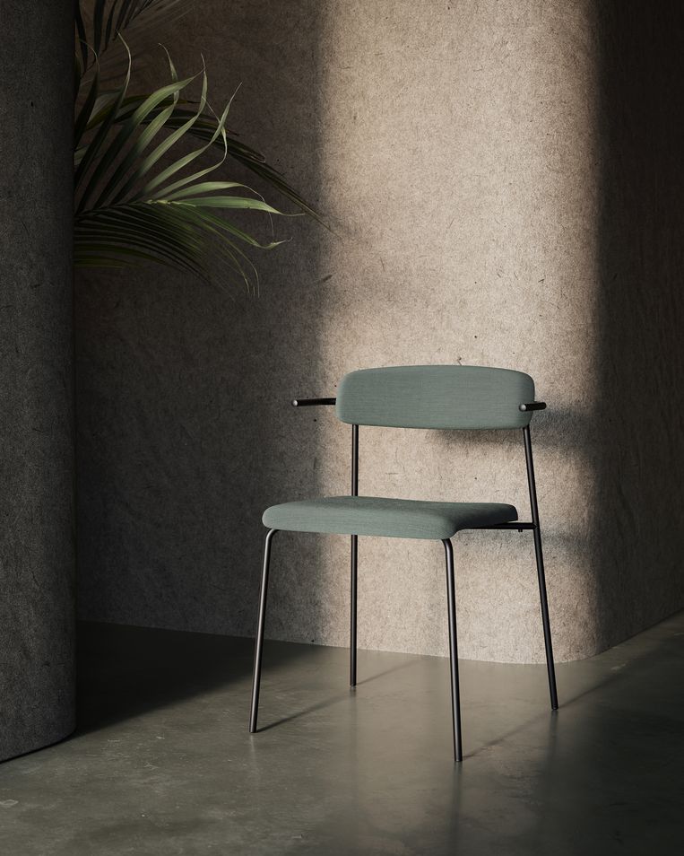 Het nieuwste ontwerp: een stoel met een zitting waarin onder andere gerecyclede wol is verwerkt.  Beeld VAES visuals