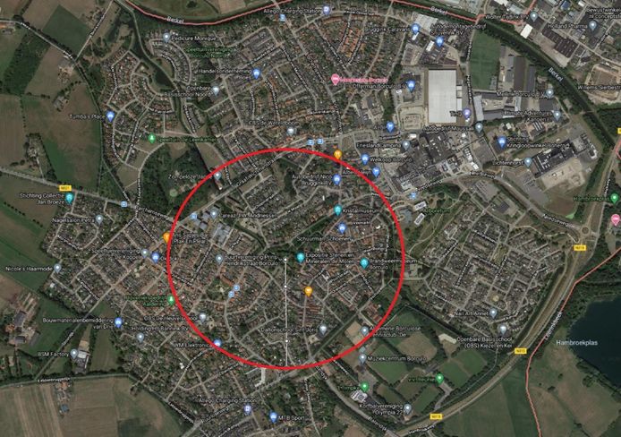 De impact van opgeslagen illegaal vuurwerk zoals waarvoor een veiligheidszone van 400 meter geldt, toegepast op een willekeurig deel van Borculo, naar aanleiding van de vondst van 250 kg zwaar vuurwerk.