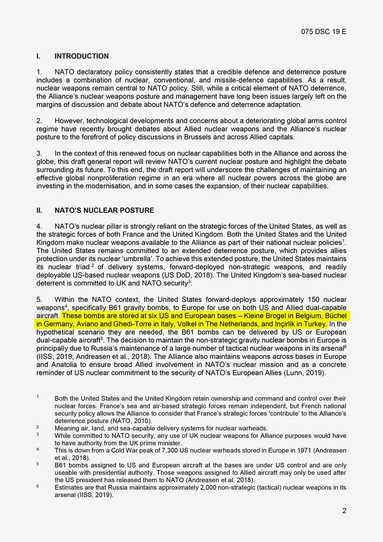 Het bewuste zinnetje in ‘A new era for nuclear deterrence? Modernisation, arms control, and allied nuclear forces’, een officieel document van het NAVO-parlement. Beeld ??