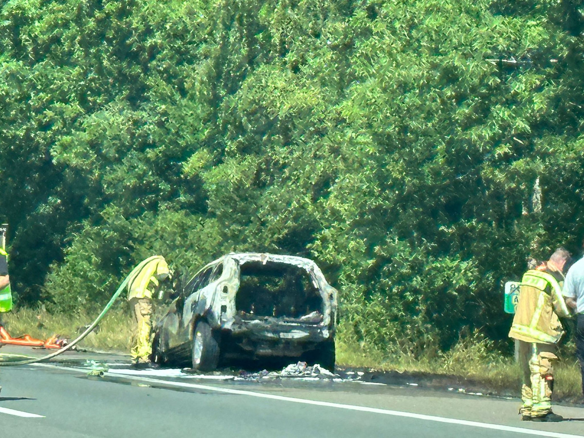 Auto brandt volledig uit langs E40 richting kust bestuurder kan op