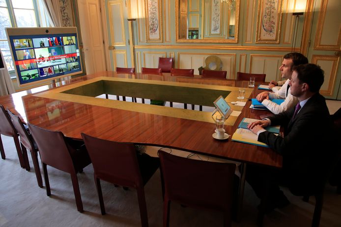 Een vorige videoconferentie waar bijvoorbeeld de Franse president Emmanuel Macron ook aan deelnam.