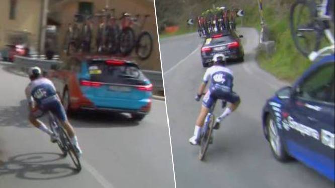 KIJK. Langs claxonnerende volgwagens en door kleine gaatjes: de dolle afdaling van Alaphilippe na z'n val