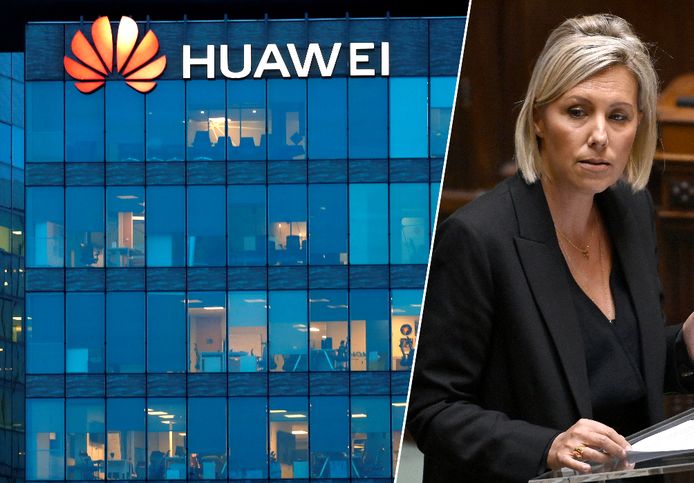 Fotomontage HLN: Een kantoorgebouw van Huawei en defensieminister Ludivine Dedonder (PS)