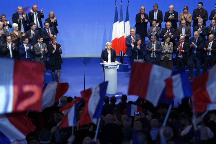 Marine Le Pen, gisteren op het congres van het FN in Parijs.