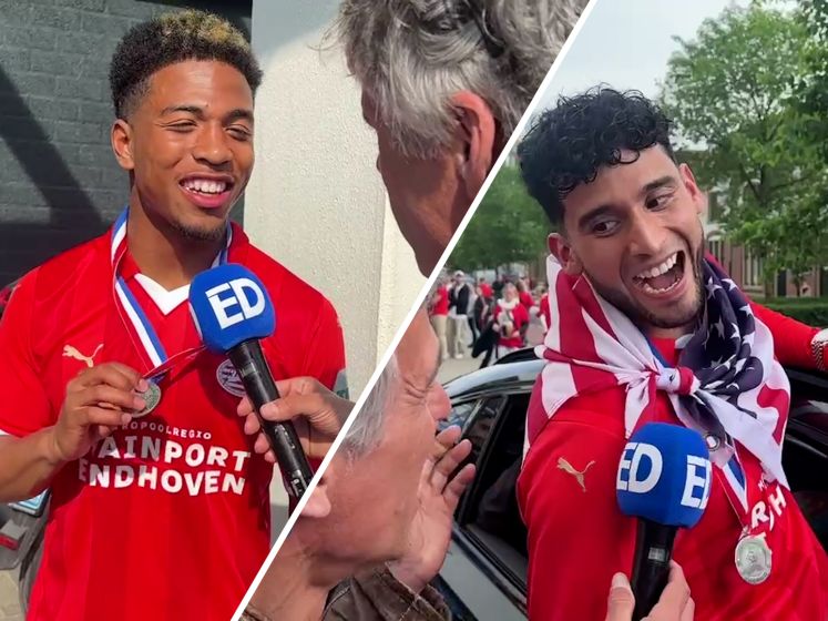 PSV-spelers reageren uitgelaten op de overwinning