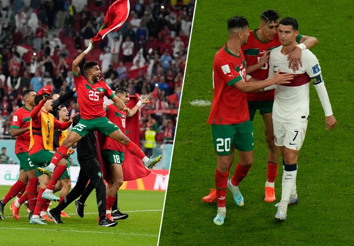 Marokkaanse vreugde, droefnis bij Ronaldo die getroost wordt door twee Marokkanen.