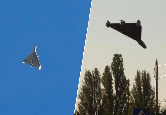 Op foto’s zijn drones te zien boven Kiev.
