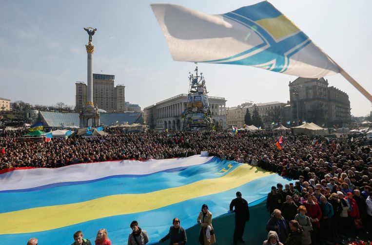 Het centrale onafhankelijkheidsplein in Kiev, 23 maart dit jaar tijdens een demonstratie. Beeld epa