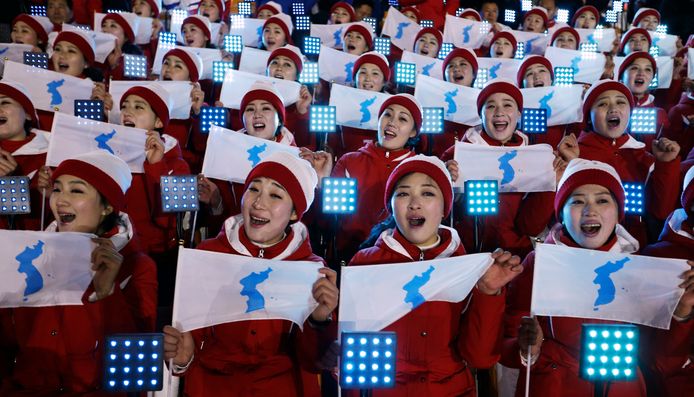 Leden van de Noord-Koreaanse delegatie tijdens de openingsceremonie in Pyeongchang. Foto Natacha Pisarenko