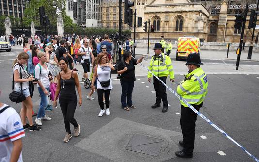 Politie buiten The Houses of Parliament in Westminster, Londen.