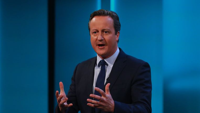 David Cameron tijdens een televisieoptreden in Londen. Beeld AFP