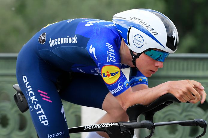 Belgium's Remco Evenepoel competes during the opening stage of the Giro dâ€™Italia cycling race, an individual time trial in Turin, Italy, Saturday, May 8, 2021. (Fabio Ferrari/LaPresse via AP)