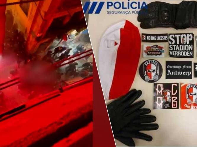 KIJK. Bivakmutsen, mondstukken en handschoenen: Portugese politie toont buit na hevige clash tussen hooligans Antwerp en Porto