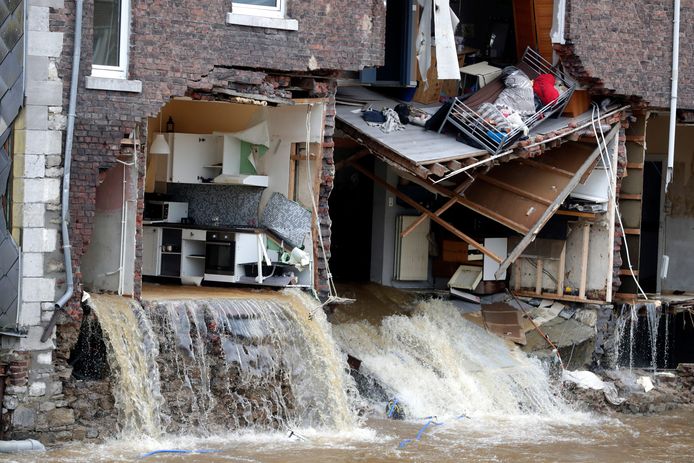 Verwoesting in Pepinster bij de overstromingen van 2021.