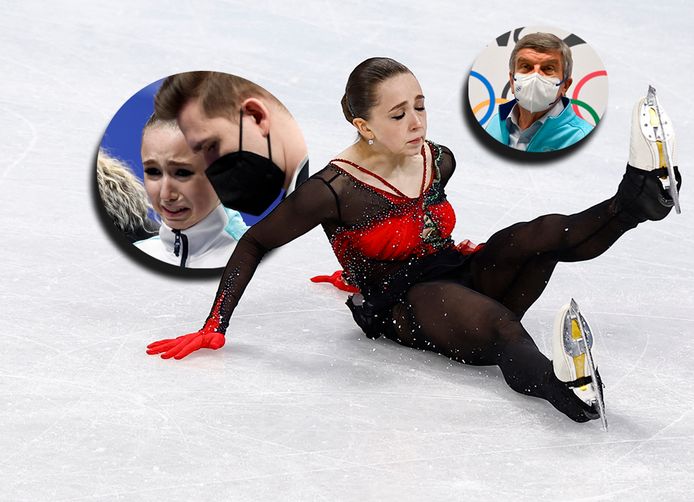 Kamila Valieva na haar val in de olympische finale. Inzetjes: Thomas Bach en Valieva huilend langs de kant.