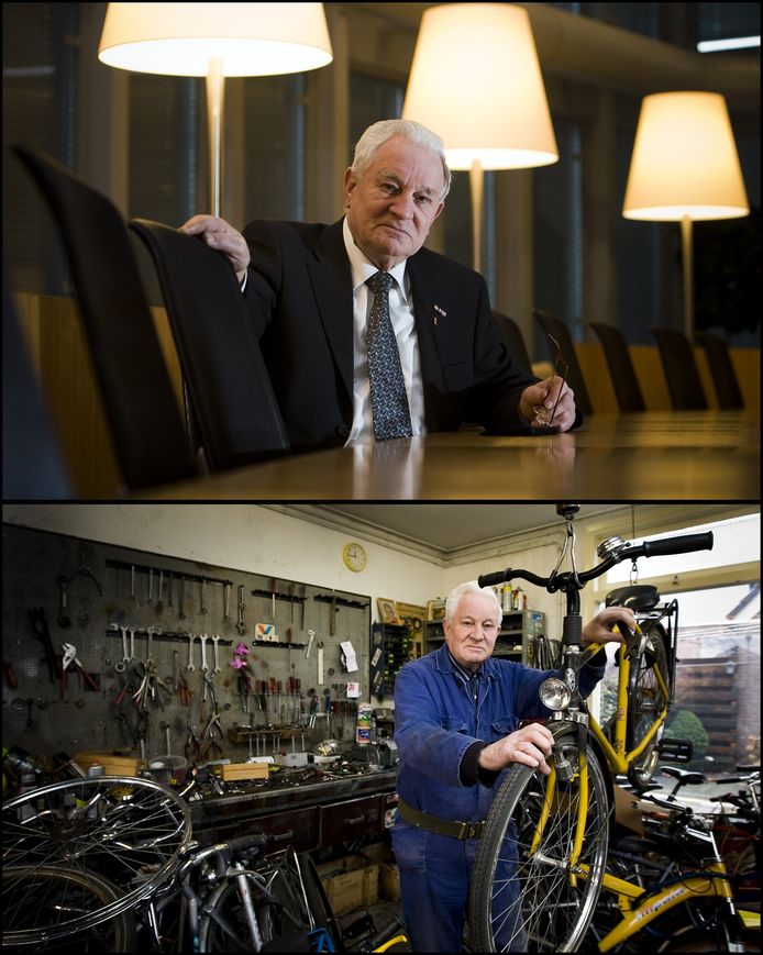 Twee keer Job Hoegée: als lokaal politicus voor de SGP in Nieuwegein (boven) en als fietsenmaker aan het werk in zijn geliefde Vreeswijk.
