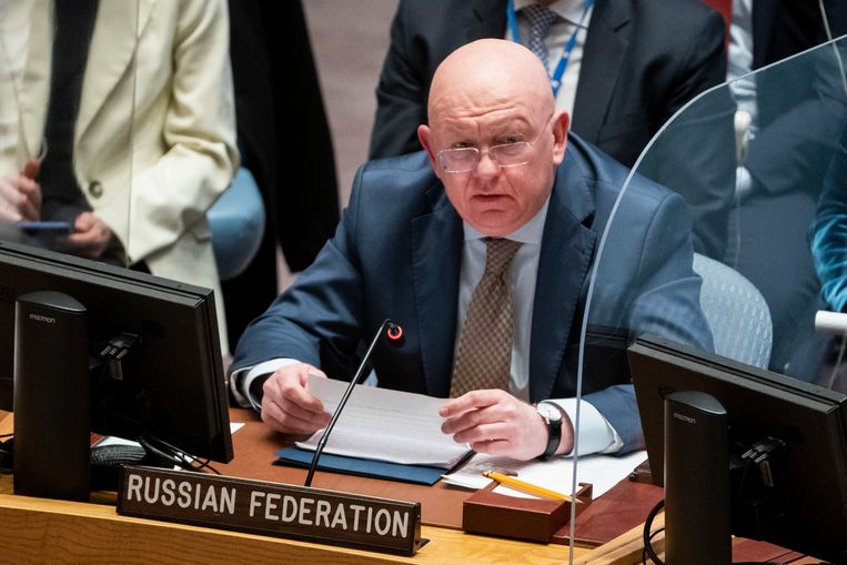 Russisch VN-ambassadeur Vassily Nebenzia tijdens een bijeenkomst van de VN-Veiligheidsraad. Beeld AP