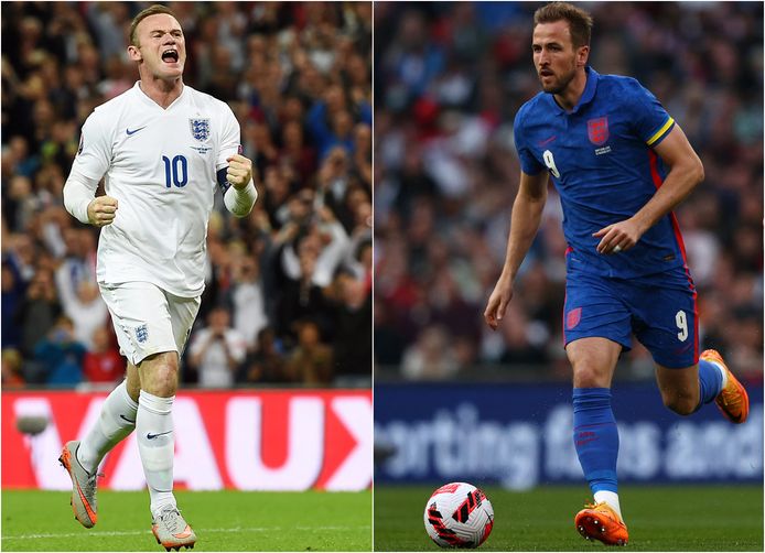 Wayne Rooney (l) en Harry Kane.