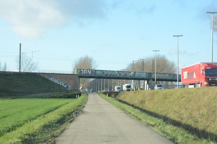 De nieuwe fietsersbrug wordt opgehangen aan de spoorwegbrug over de E34 tussen Melsele en Kallo.