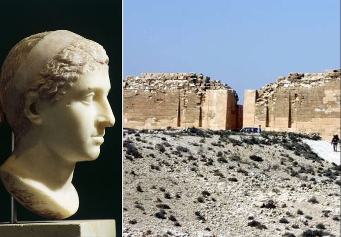 Een borstbeeld van de Egyptische koningin Cleopatra (links) en de Taposiris Magna-tempel in de Noord-Egyptische stad Alexandrië (rechts).