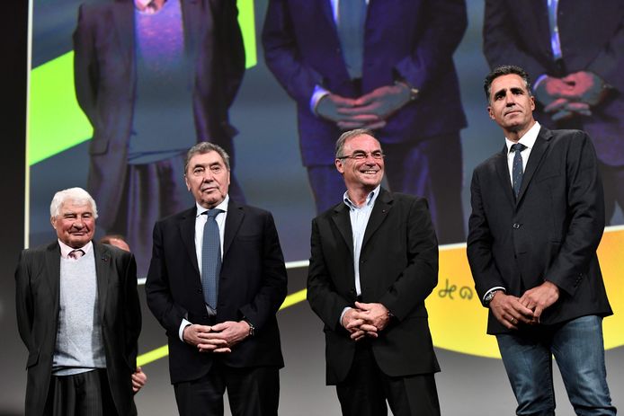In oktober 2018, tijdens de voorstelling van het parcours van de Tour 2019. U herkent ook nog Eddy Merckx, Bernard Hinault en Miguel Indurain, zij wonnen de Tour elk vijf keer.