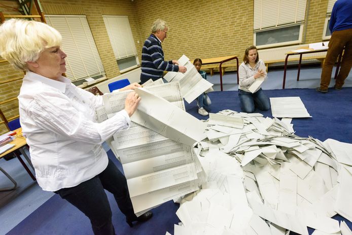 Tellers in Almelo tijdens de Tweede Kamerverkiezingen vorig jaar