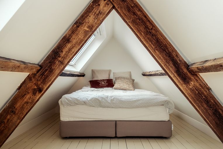 In de kap van de woning creëerden Alyssa en Tobias een logeerkamer. Beeld Jakob van Vliet