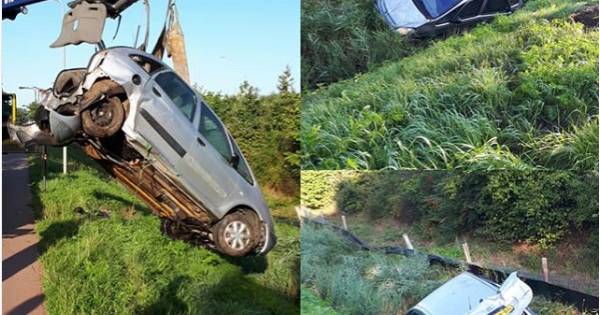 Auto vliegt met 130 over geluidswal van A59 bij Nuland, twee inzittenden raken 'slechts' lichtgewond