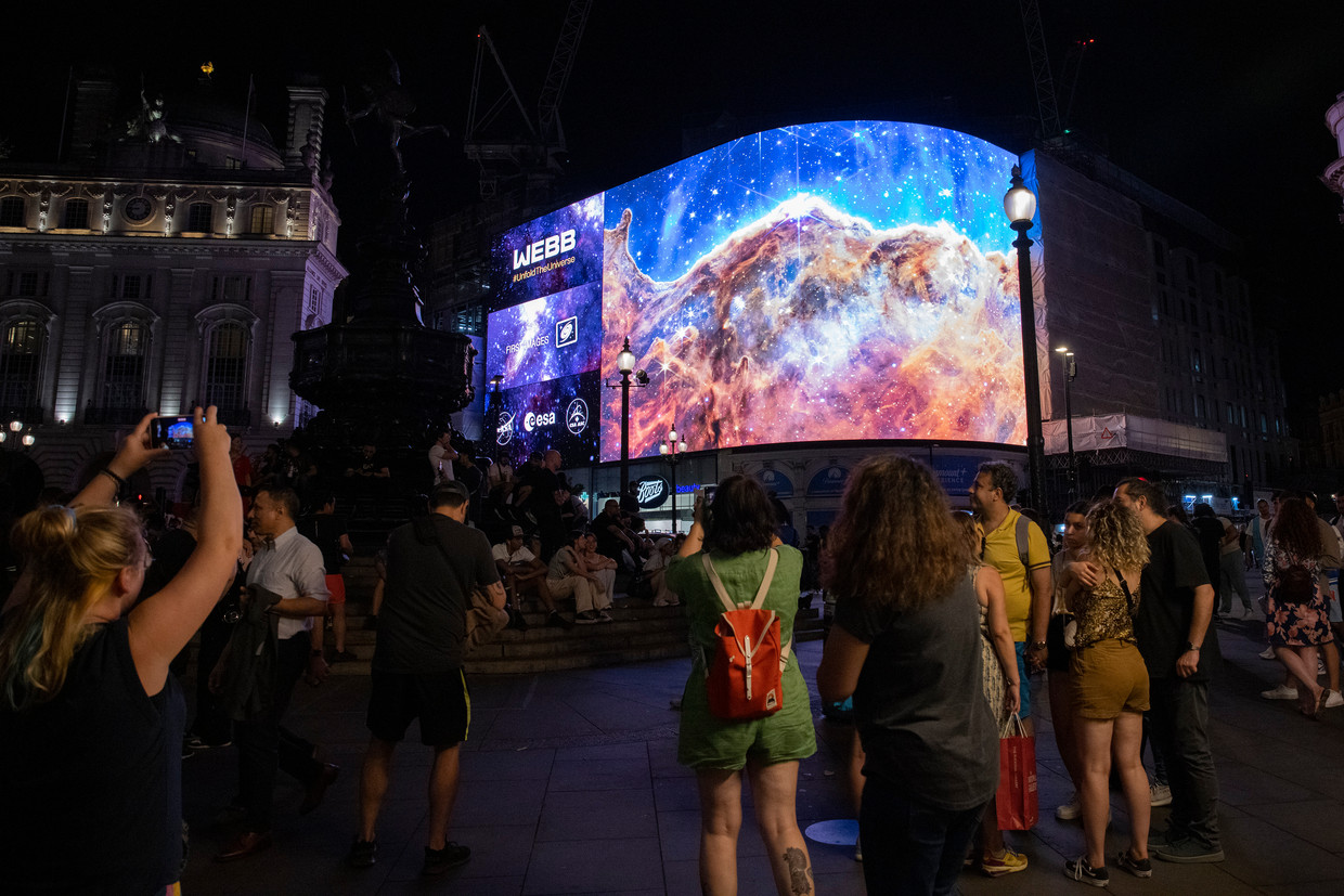 The stunning first images from the James Webb Space Telescope were shown to the public on July 12, among other images here, in London's Piccadilly Circus.  Getty Images