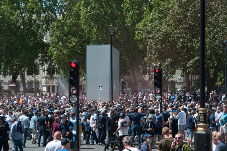 Protestgroepen tijdens een demonstratie tegen racisme in Londen in juni vorig jaar.  Beeld Getty Images