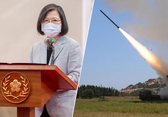 Fotomontage: De Taiwanese president Tsai Ing-wen en een militaire oefening van het Chinese leger
