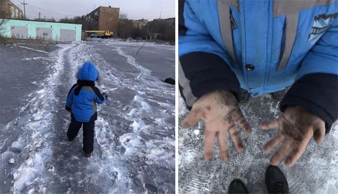 Het hele stadje ligt bedekt onder een dikke laag zwarte sneeuw.
