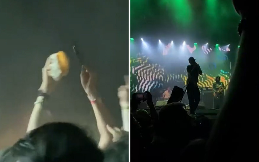 Un spectateur filmé en train de râper sur fromage sur la tête du public lors d'un concert de rock, en Californie.