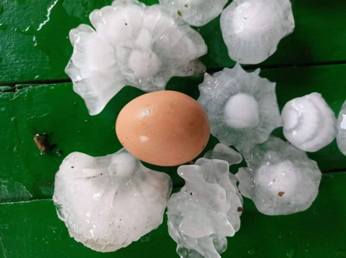 Enkele hagelbollen met uiteenlopende vormen liggen op een tafel naast een ei.