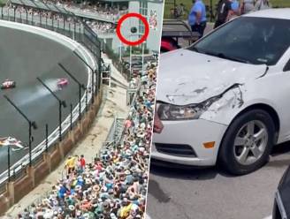KIJK. Indy 500 ontsnapt aan ramp na stevige crash: losgesprongen band scheert langs publiek en... belandt op wagen buiten circuit
