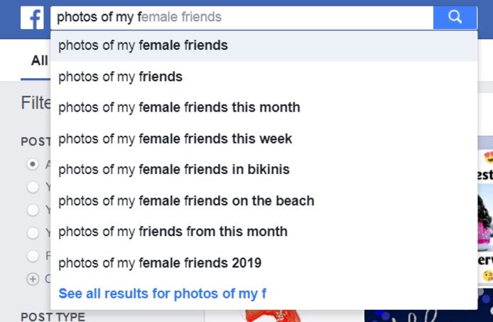 De suggesties die Facebook geeft bij de zoekopdracht ‘photos of my female friends’.